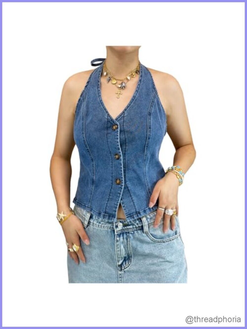Sleeveless Denim Halter Crop Top Backless Tie Back Y2K Jean Vest